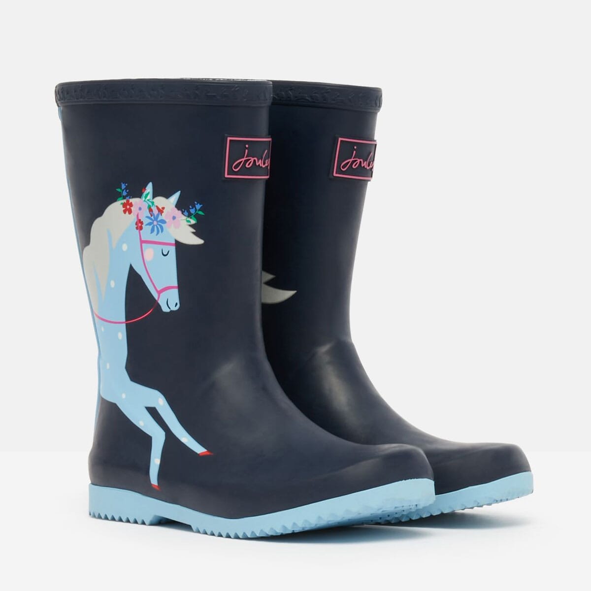 Joules Roll Up Flexible Girls Wellies Navy Horses