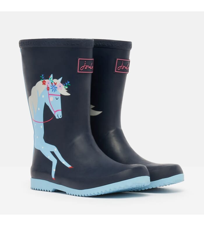 Joules Roll Up Flexible Girls Wellies, Navy Horses