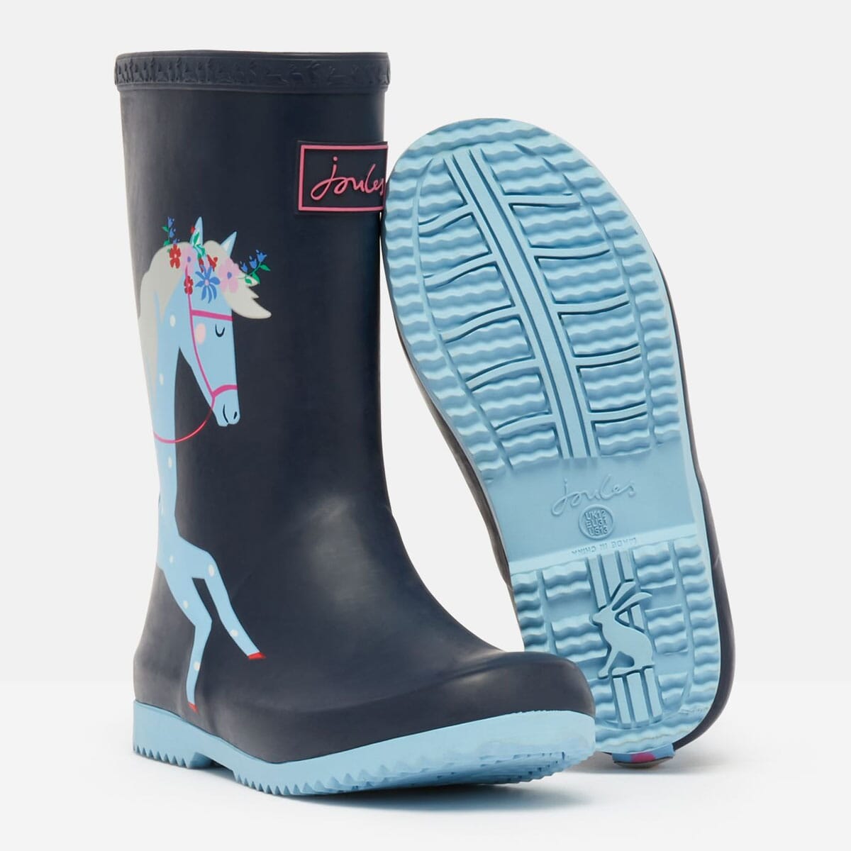 Joules Roll Up Flexible Girls Wellies Navy Horses