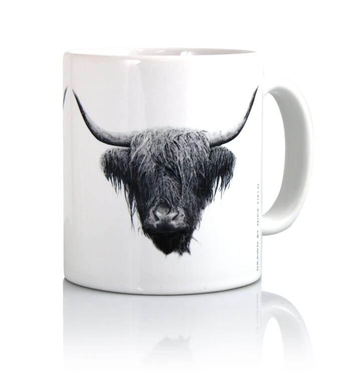 Nick Field, Black & White Rain Highland Cow Mug Right