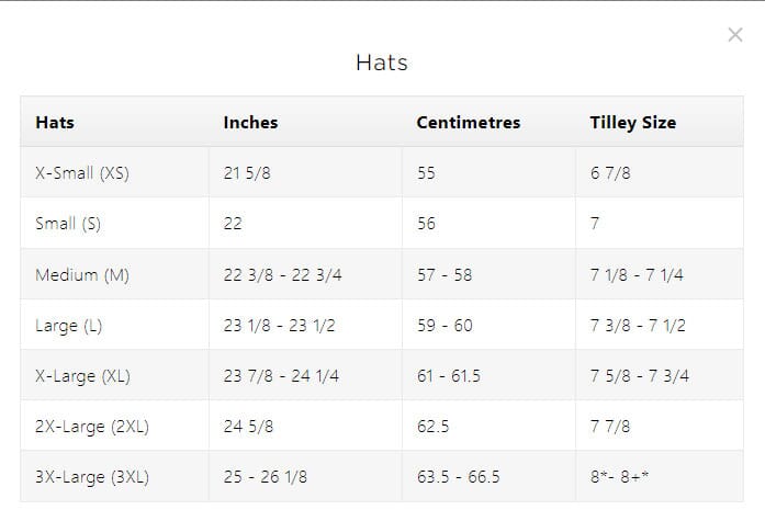 Tilley hat Size Chart